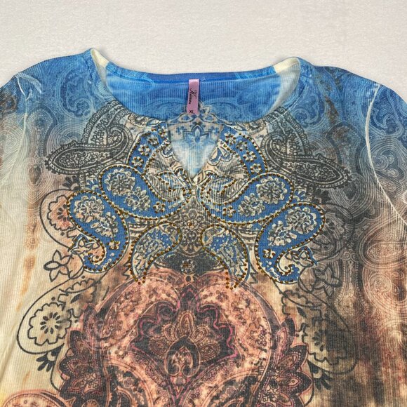 Kiara Paisley Print Embroidered Rhinestone Fairy Grunge Acid Wash Blouse - Picture 5 of 9